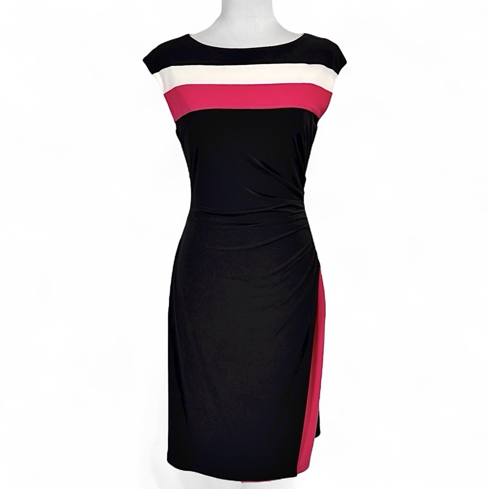LRL Ralph Lauren Faux Wrap Sheath Dress Size 8 Fitted Colorblock Ruched Cocktail